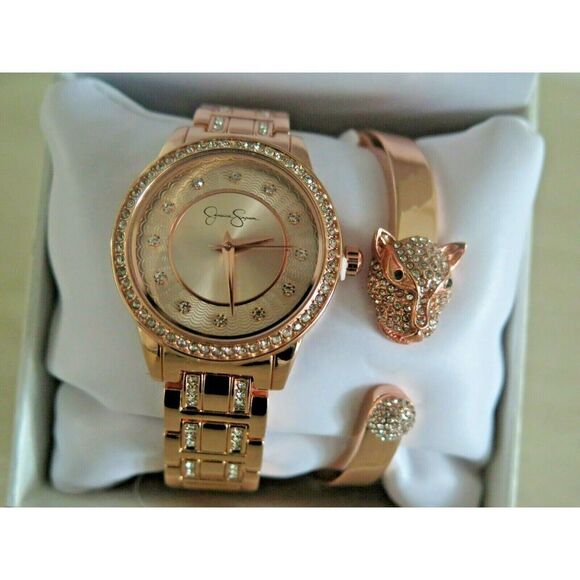 Jessica Simpson JSB8002RG Rose Gold Watch w/ Panther/Tiger Bracelet Crystal Pave - Picture 1 of 12